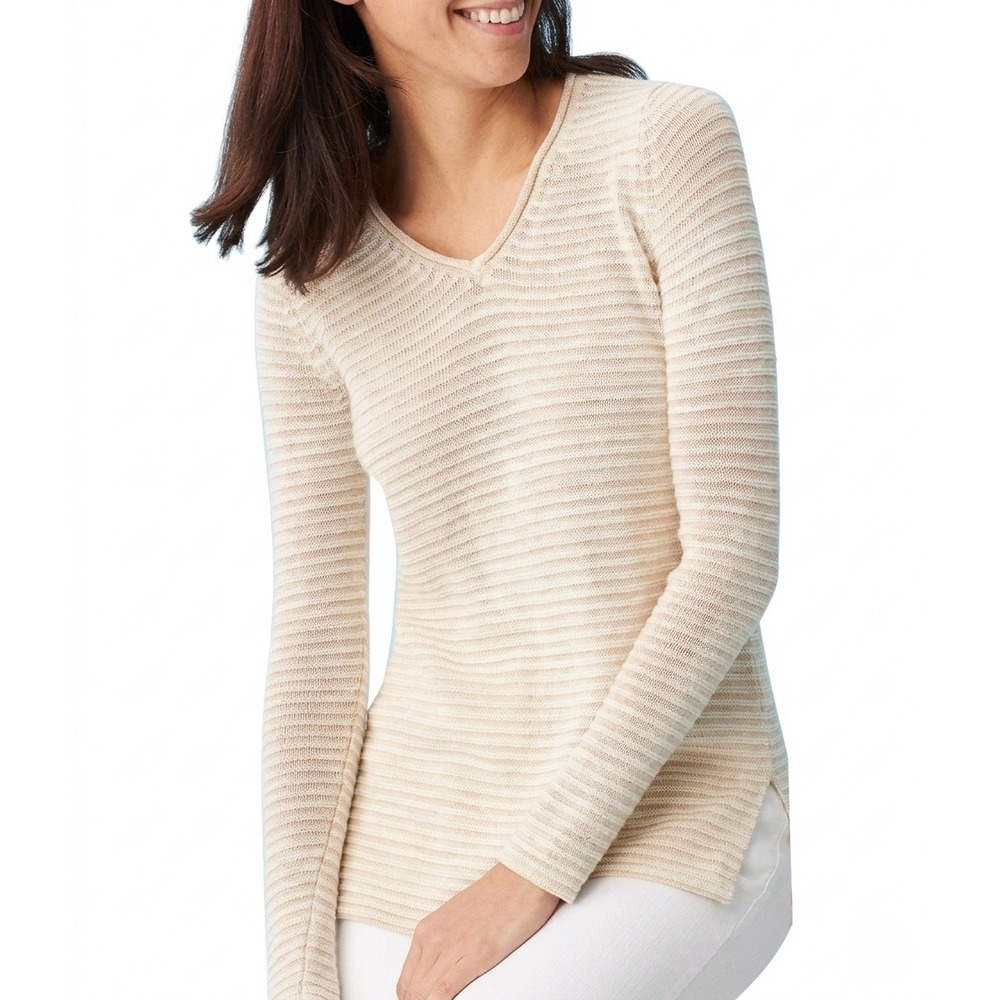 J.‎ MCLAUGHLIN Callum Striped Knit Sweater Beige/Cream Women Size Small V-Neck